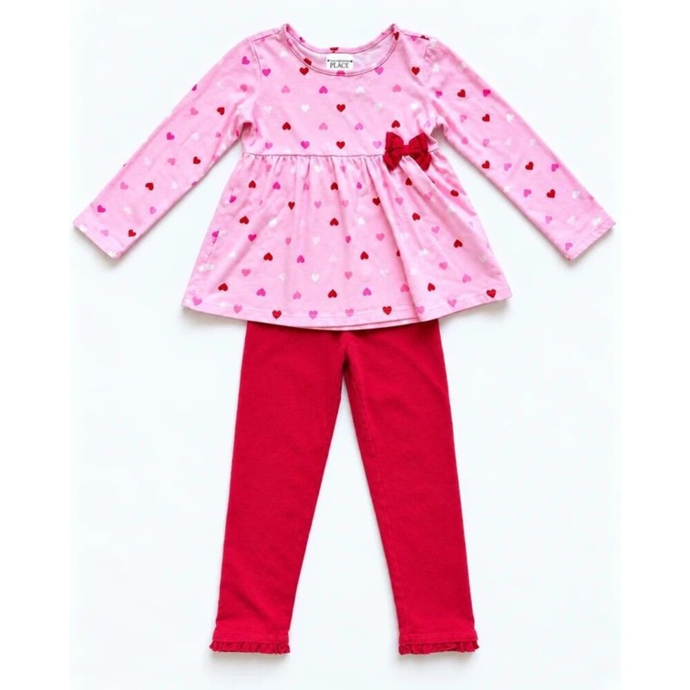 The Children’s Place Girls 4T Valentine Heart Bow Top Red Ruffle Leggings Set